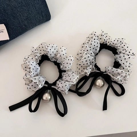 Elastico per Capelli in Organza a Pois Vintage Francese Con Fiocco E Ciondolo di Perla Artificiale Elegante Dolce Elastico per Donna