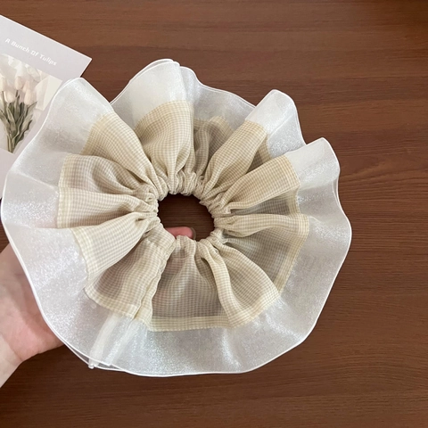 Coletero de Gasa a Cuadros de Estilo Coreano Extragrande Elegante Coletero de Organza con Pliegues Sujetador de Coleta Accesorios para el Cabello