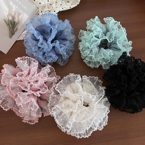 Sweet Korean Style Polka Dot Lace Scrunchies For Women Handmade Double Layer Ruffle Hair Ties Large Elastic Ponytail Holder