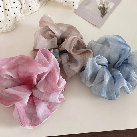 Large Organza Scrunchies For Women Marble Ink Wash Gradient Hair Tie High Elasticity Handmade Hair Accessories For Ponytail