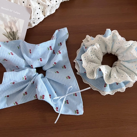 Koreanischer Stil Süß Gingham Kirsche Kariert Doppellagig Spitze Scrunchie Damen Frische Schleife Haargummi Blumenschmuck