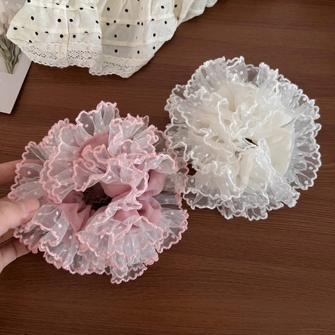 Sweet Korean Style Polka Dot Lace Scrunchies For Women Handmade Double Layer Ruffle Hair Ties Large Elastic Ponytail Holder