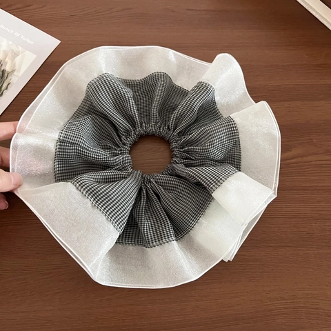 Coletero de Gasa a Cuadros de Estilo Coreano Extragrande Elegante Coletero de Organza con Pliegues Sujetador de Coleta Accesorios para el Cabello