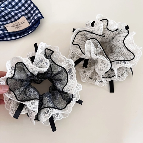 French Vintage Lace Bow Scrunchies For Women Polka Dot Mesh Large Hair Band Fabric Floral Embroidery Hair Ties Accessories