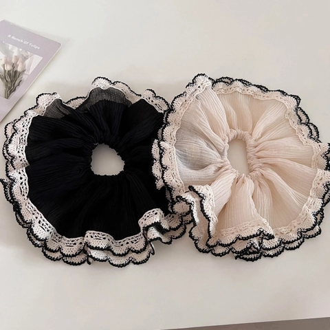 Chouchou Élégant Français à Double Couche en Maille et Dentelle Grand Élastique à Cheveux Plissé Style Doux pour Femme Bijoux