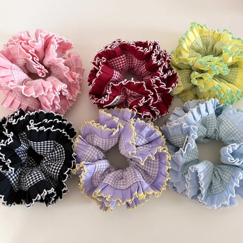 Scrunchies Grandi in Stile Coreano con Splicing a Quadri Fatti a Mano in Tessuto con Volant per Donna Ragazza Accessori per Capelli Vintage Dolci