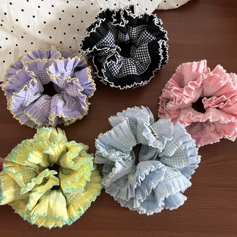 Scrunchies Grandi in Stile Coreano con Splicing a Quadri Fatti a Mano in Tessuto con Volant per Donna Ragazza Accessori per Capelli Vintage Dolci