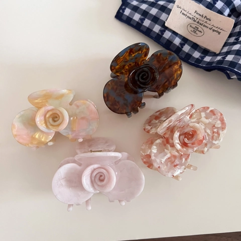 Pinza per Capelli Francese Vintage in Acetato a Forma di Orchidea Elegante Effetto Marmo Perla Artificialto Accessorio per Acconciature