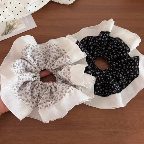 Elegante Coletero de Gasa Floral Paisley Extragrande para Mujer Cinta para el Pelo con Volantes de Doble Capa Accesorio para el Cabello