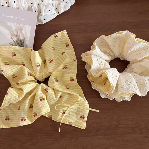 Koreanischer Stil Süß Gingham Kirsche Kariert Doppellagig Spitze Scrunchie Damen Frische Schleife Haargummi Blumenschmuck