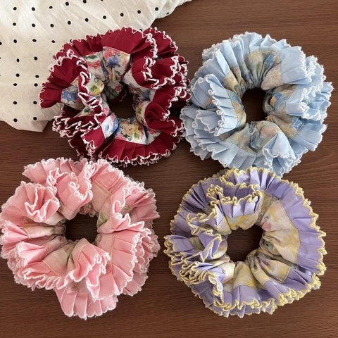 Coleteros Plisados Florales Vintage Francés Gomas de Pelo Grandes de Tela Con Borde de Encaje para Mujeres Niñas Accesorios