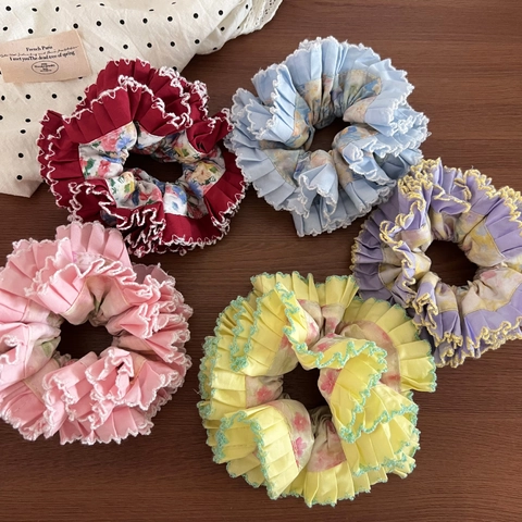 Coleteros Plisados Florales Vintage Francés Gomas de Pelo Grandes de Tela Con Borde de Encaje para Mujeres Niñas Accesorios