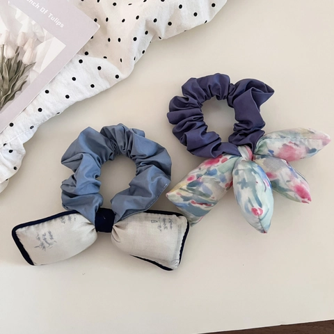 Sweet Korean Style Ink Oil Painting Floral Bow Scrunchies Fabric Cotton Filled Hair Tie Elegant Ponytail Holder Women