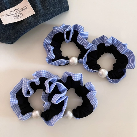 Elastici per Capelli Retro Stile Coreano Blu a Quadri e Righe Con Perla Artificiale Fasce per Capelli Plissettate Donna