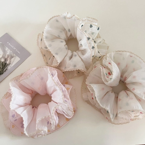 Sweet Chiffon Heart Polka Dot Scrunchie Lace Edge Oversized Mesh Elastic Hair Band Women Girls Fashion Hair Accessories