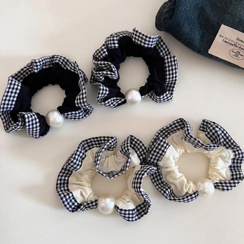 Elastico per Capelli Vintage a Quadretti Gingham Con Grande Perla Artificial Sintetica Stile Coreano Retrò per Donna Accessori Capelli
