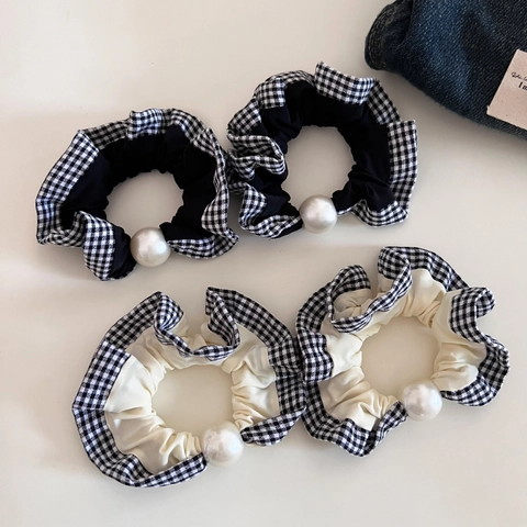 Elastico per Capelli Vintage a Quadretti Gingham Con Grande Perla Artificial Sintetica Stile Coreano Retrò per Donna Accessori Capelli