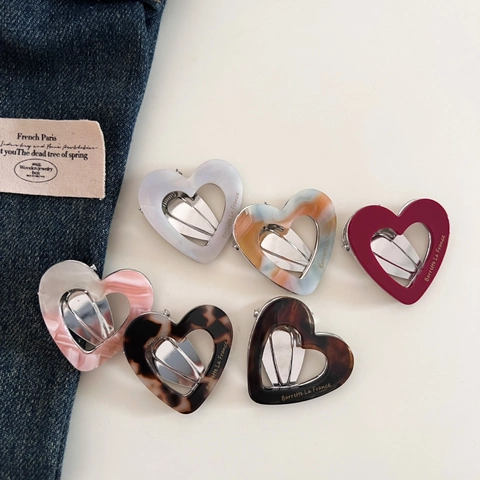 Fermaglio per Capelli a Cuore Vuoto in Acetato Vintage Francese Clip a Becco d'Anatra Dolce Marmo Tartaruga Accessorio Capelli Donna