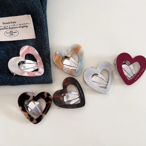 Fermaglio per Capelli a Cuore Vuoto in Acetato Vintage Francese Clip a Becco d'Anatra Dolce Marmo Tartaruga Accessorio Capelli Donna