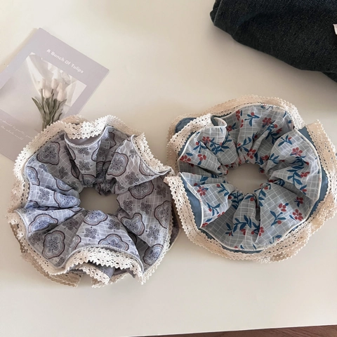Französisch Vintage Blumenmuster Spitzenbesatz Groß Haargummi Für Damen Retro Süß Stoff Elastisch Haarschmuck