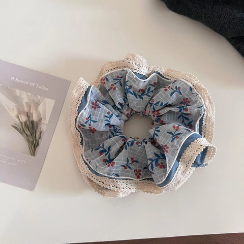 Französisch Vintage Blumenmuster Spitzenbesatz Groß Haargummi Für Damen Retro Süß Stoff Elastisch Haarschmuck