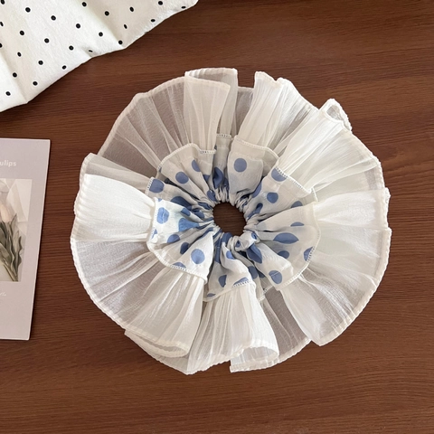Blue Polka Dot Large Scrunchie Hair Tie With Lace Brim Sweet Chiffon Ponytail Holder Versatile Korean Style Hair Accessories For Women