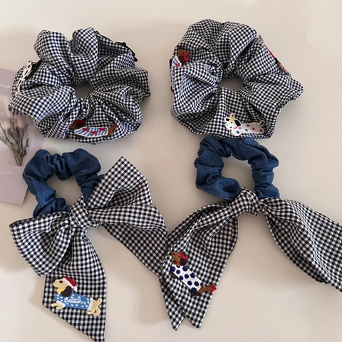 Colección de Coleteros de Lazo a Cuadros de Teckel de Estilo Coreano Gomas de Pelo de Tela Vintage Con Bordado de Perro Mujer