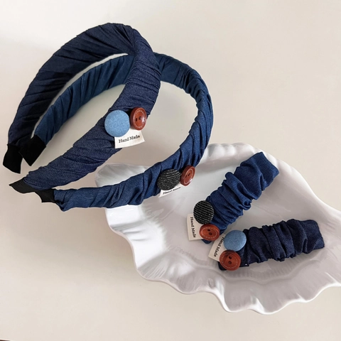 Vintage Denim Blau Geraffte Haarband Für Damen Koreanisch Süß Stoff Haarklammer Mit Knöpfen Handgemachte Haarschmuck Kopfschmuck