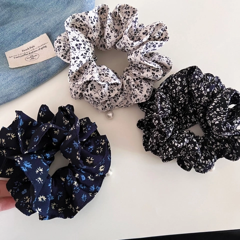 Coleteros de Tela Floral Estilo Coreano Con Perla Artificial Patrón Paisley Vintage Gomas para el Pelo Elásticas para Mujer Niña