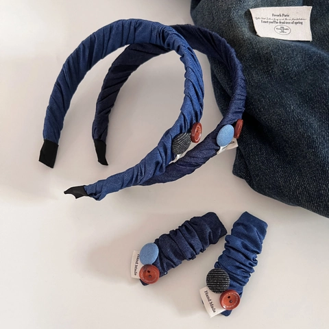 Vintage Denim Blau Geraffte Haarband Für Damen Koreanisch Süß Stoff Haarklammer Mit Knöpfen Handgemachte Haarschmuck Kopfschmuck