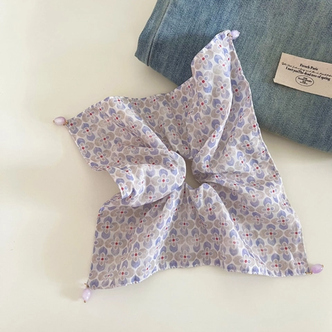 Elastico Per Capelli a Foulard Quadrato a Fiori Stile Francese Con Ciondolo Di Perle Elegante Elastico In Tessuto Viola Per Donna Accessori Capelli