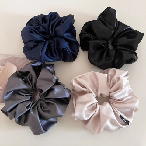 French Style Large Satin Scrunchie For Women Oversized Elegant Solid Color Elastic Hair Tie Handmade Pleated Hair Band