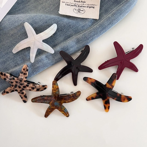 Vintage Acetate Starfish Hair Clip Retro Elegant Tortoiseshell Leopard Pattern Spring Hairgrip For Women Vacation Beach Accessories