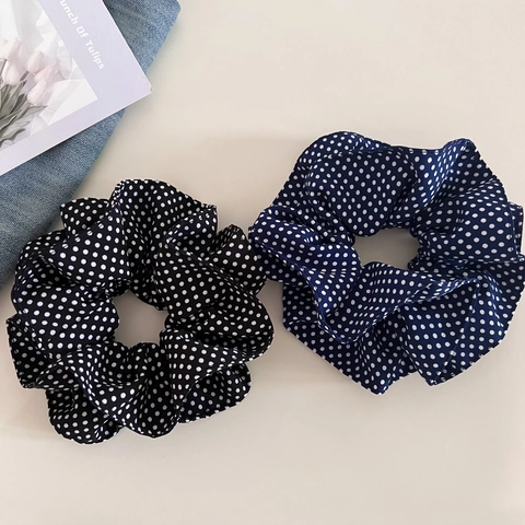 Korean Style Polka Dot Scrunchies For Women Large Fabric Elastic Hair Ties Retro Navy Black Hair Rings Accessories