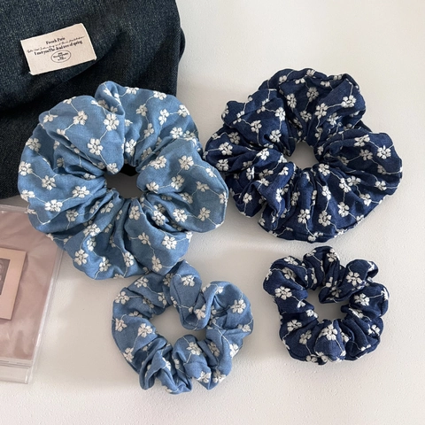 Vintage Denim Blue Floral Embroidery Scrunchie For Women Mori Style Daisy Pattern Cloth Large Hair Ring Daily Hair Accessories