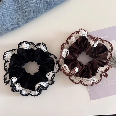 Chouchous en Velours Vintage Français Avec Garniture en Dentelle Blanche Élastiques à Cheveux Élégants Noir Café Bandeaux pour Femmes