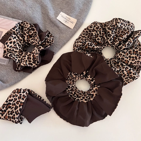 Vintage Luipaardprint Oversized Scrunchie Koffiebruin Gestikt Stof Elastische Haarelastiek Voor Vrouwen Mode Haaraccessoires