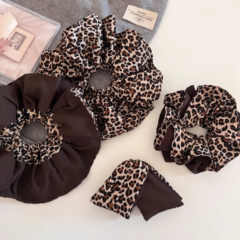Vintage Luipaardprint Oversized Scrunchie Koffiebruin Gestikt Stof Elastische Haarelastiek Voor Vrouwen Mode Haaraccessoires