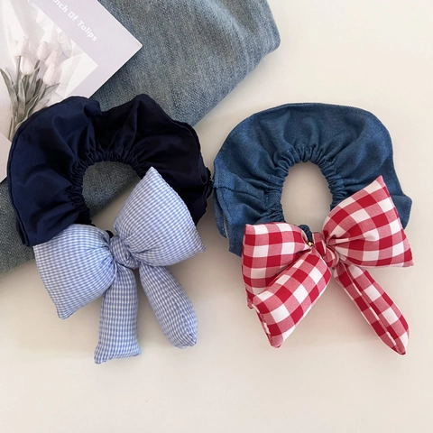 Vintage Plaid Bow Denim Scrunchie Sweet Korean Style Hair Tie Large Ponytail Holder Fashion Hair Accessories Women