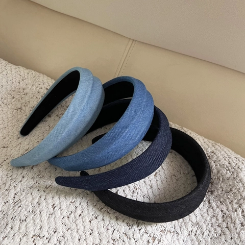 Diadema Acolchada Estilo Coreano para Mujer Aspecto Denim Vintage Tela de Sarga Diadema Color Sólido Accesorio de Moda para el Cabello