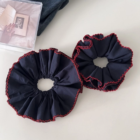 Scrunchie in Tessuto Vintage Blu Marino Rosso Contrasto Bordo Zigzag per Donna Stile Coreano Accessori Capelli Plissettati