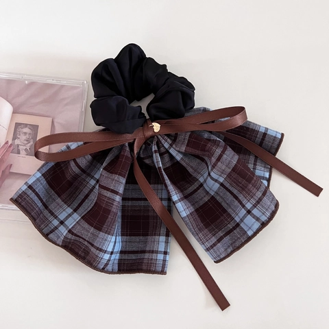 Chouchou Vintage Style Coréen à Carreaux Avec Nœud et Ruban Style Académique Bleu Marron Marine Tissu Accessoires Cheveux