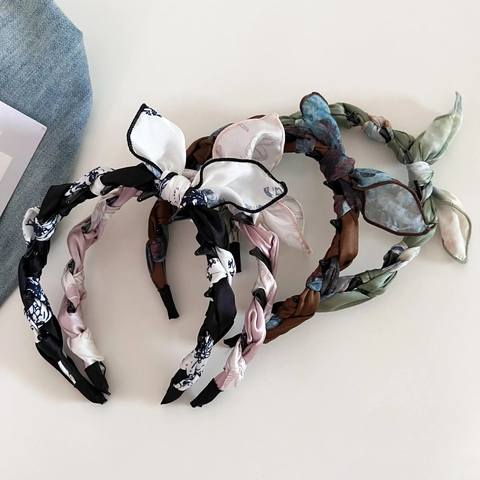 Serre-tête Vintage en Satin à Nœud Floral pour Femmes Antidérapant Denté Élégant Style Peinture à l'Huile Accessoire Cheveux