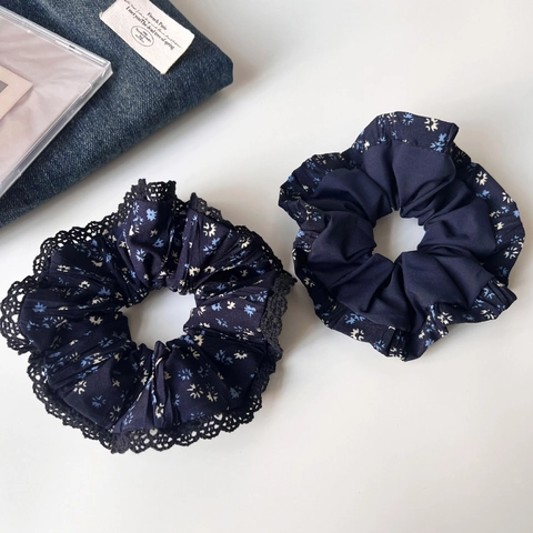 Französische Vintage Marineblau Blumen Scrunchies Stoff Elastische Haargummis Mit Spitzenbesatz Für Damen Mädchen Haarschmuck