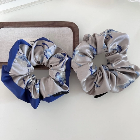 Elegante Neo-Chinese Stijl Satijnen Vlinder Jacquard Scrunchie Vintage Bloemenpatroon Zijdegevoel Patchwork Haarelastiekje Voor Dames