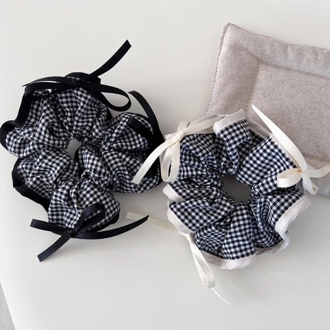 Scrunchies Gingham Vintage Stile Francese Con Fiocco E Perle Artificiali Elastici Per Capelli Da Donna Accessori Capelli