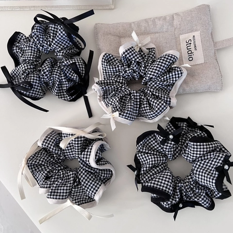 Scrunchies Gingham Vintage Stile Francese Con Fiocco E Perle Artificiali Elastici Per Capelli Da Donna Accessori Capelli