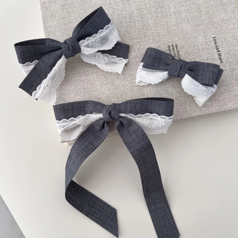 Elegant Grey Bow Hair Clip For Women Lace Stitching Ribbon Hairpins Duckbill Clip Sweet Vintage Hair Accessories Headwear