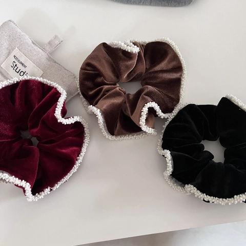 Scrunchie Grande in Velluto Vintage Francese per Donna Bordo di Perle Artificiali Eleganti Elastici per Capelli Accessori