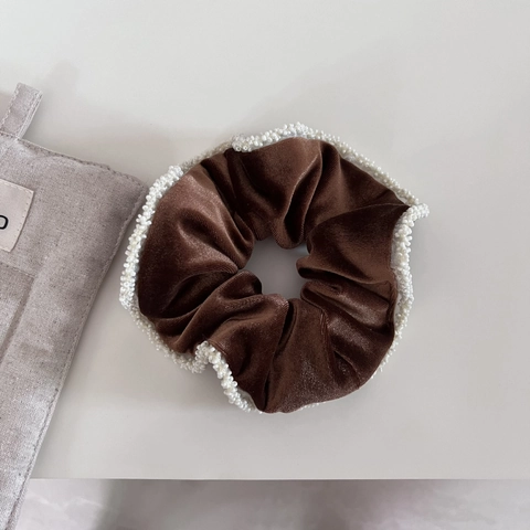 Scrunchie Grande in Velluto Vintage Francese per Donna Bordo di Perle Artificiali Eleganti Elastici per Capelli Accessori